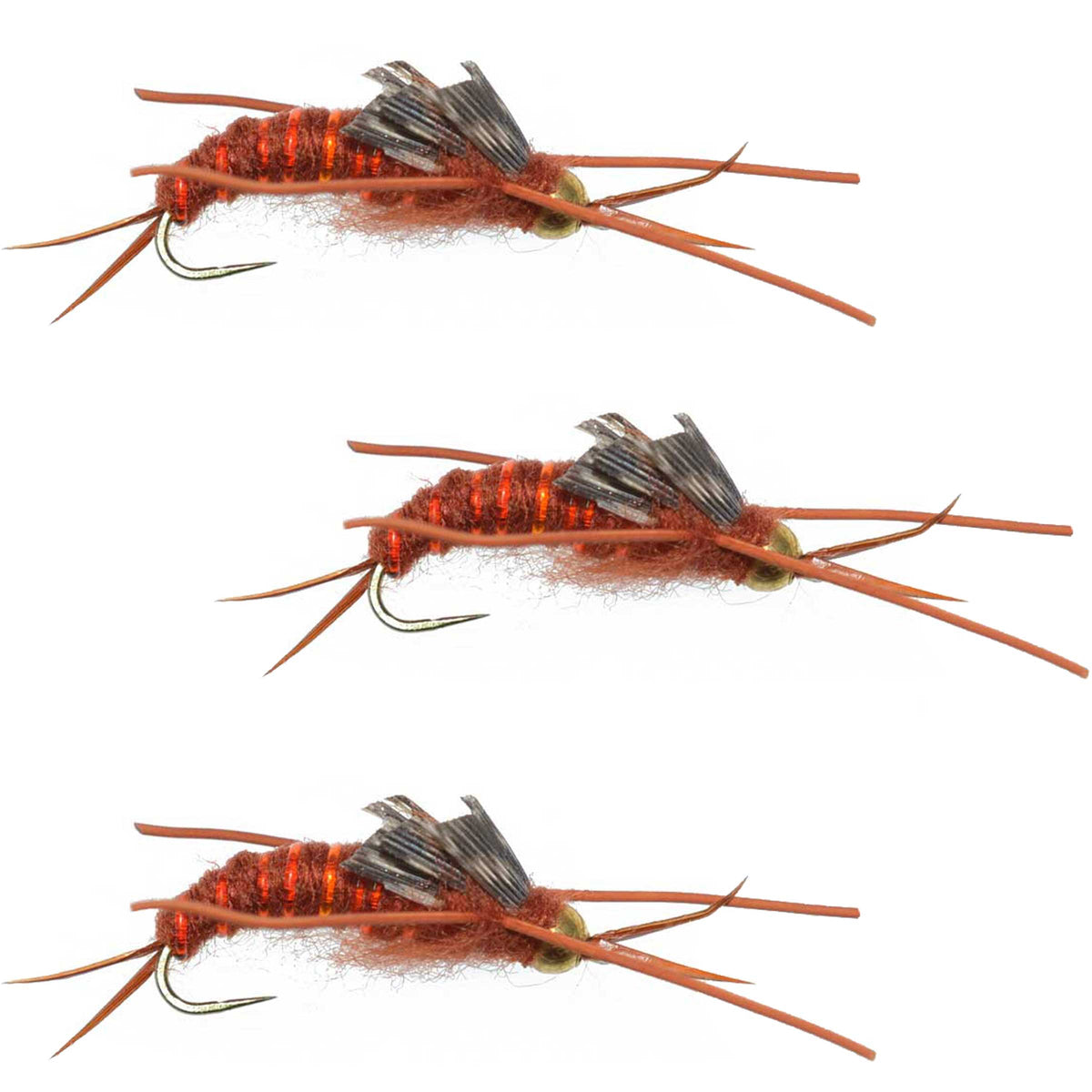 Set of 3 barbless Kaufmann's brown stonefly wet flies for trout fishing, featuring rubber legs and hook size 12.