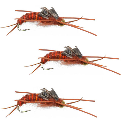 Set of 3 barbless Kaufmann's brown stonefly wet flies for trout fishing, featuring rubber legs and hook size 12.
