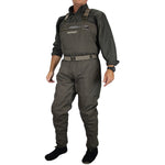 Person wearing a gray waders on a white background