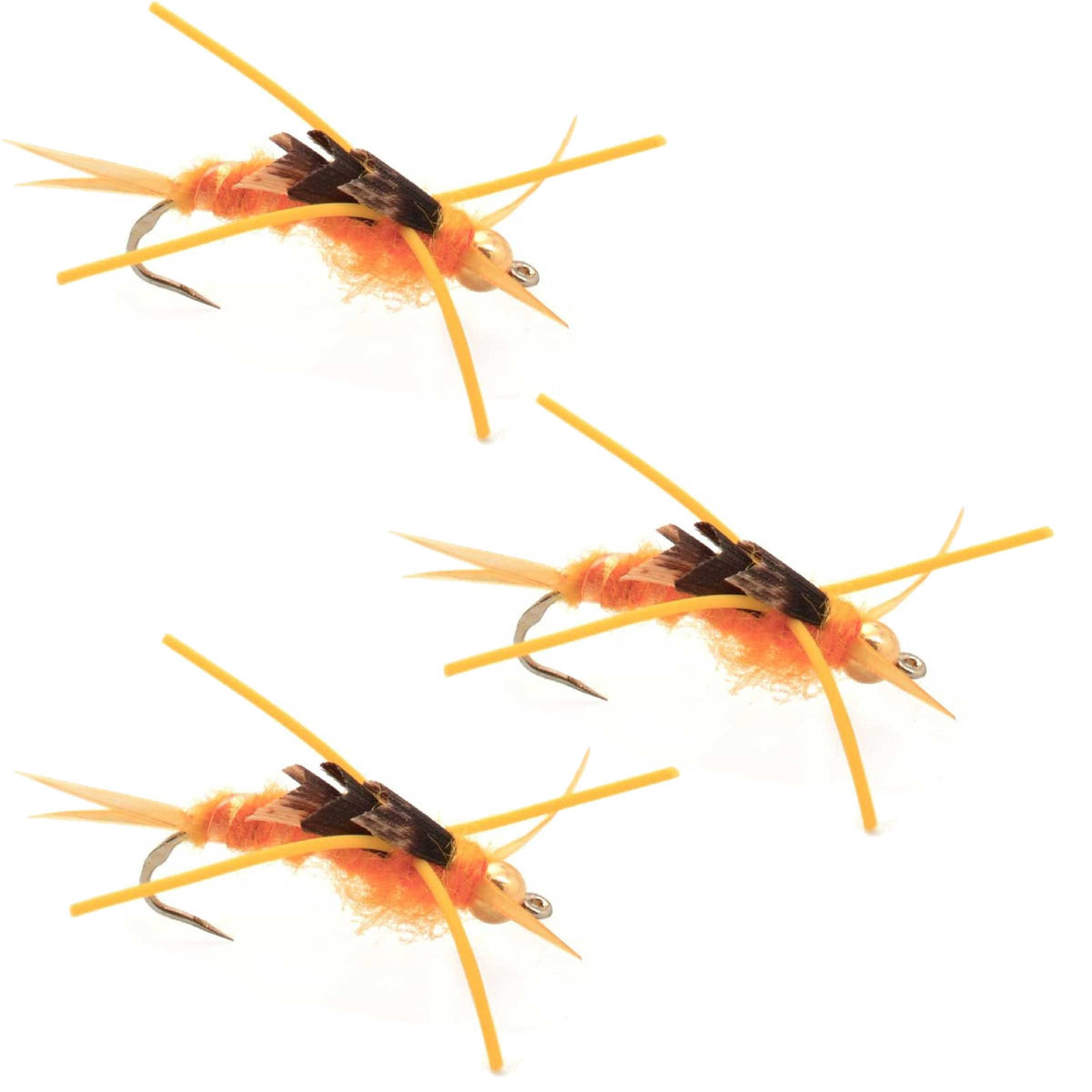 Three barbless gold-bead Kaufmann's golden stonefly wet flies for trout fishing, size 6 with rubber legs, by The Fly Fishing Place.