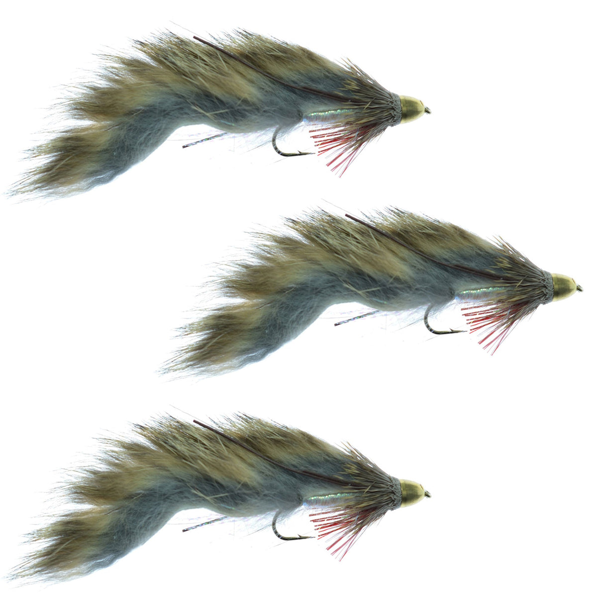 Set of three natural cone head Zuddler trout and bass streamer flies in size 4 for fly fishing.