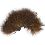 Dark brown, white, olive, and black strung Marabou feathers for fly tying, ideal for creating realistic sculpin patterns.