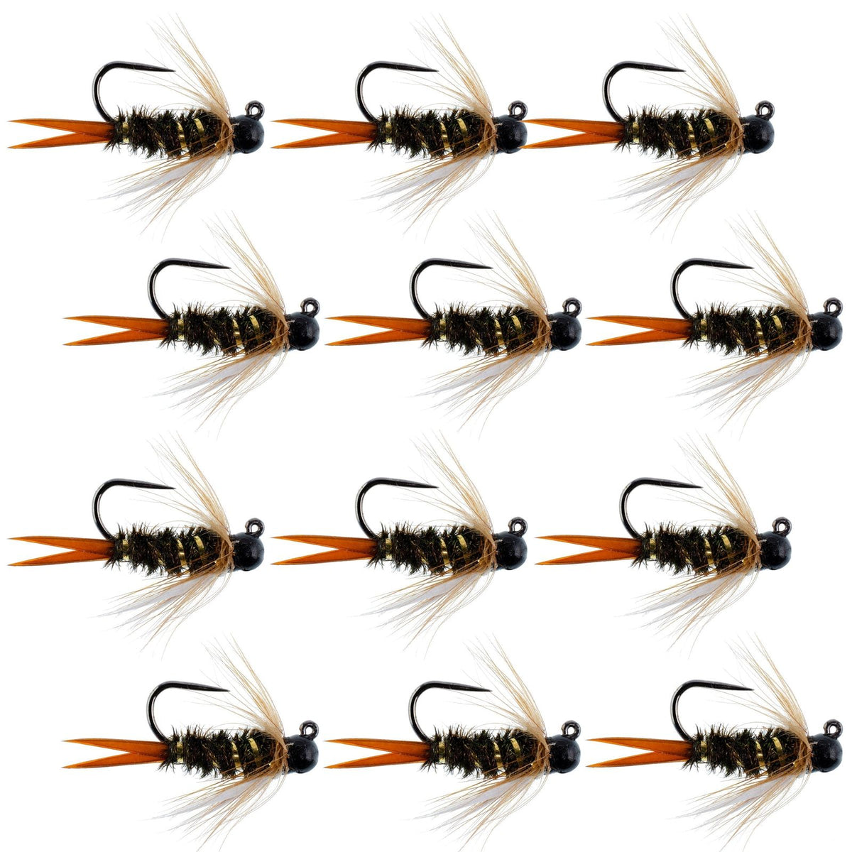Set of 12 black tungsten bead prince nymph trout wet flies for euro nymphing, size 14, by The Fly Fishing Place