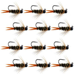 Set of 12 black tungsten bead prince nymph trout wet flies for Euro nymphing, size 10, by The Fly Fishing Place.