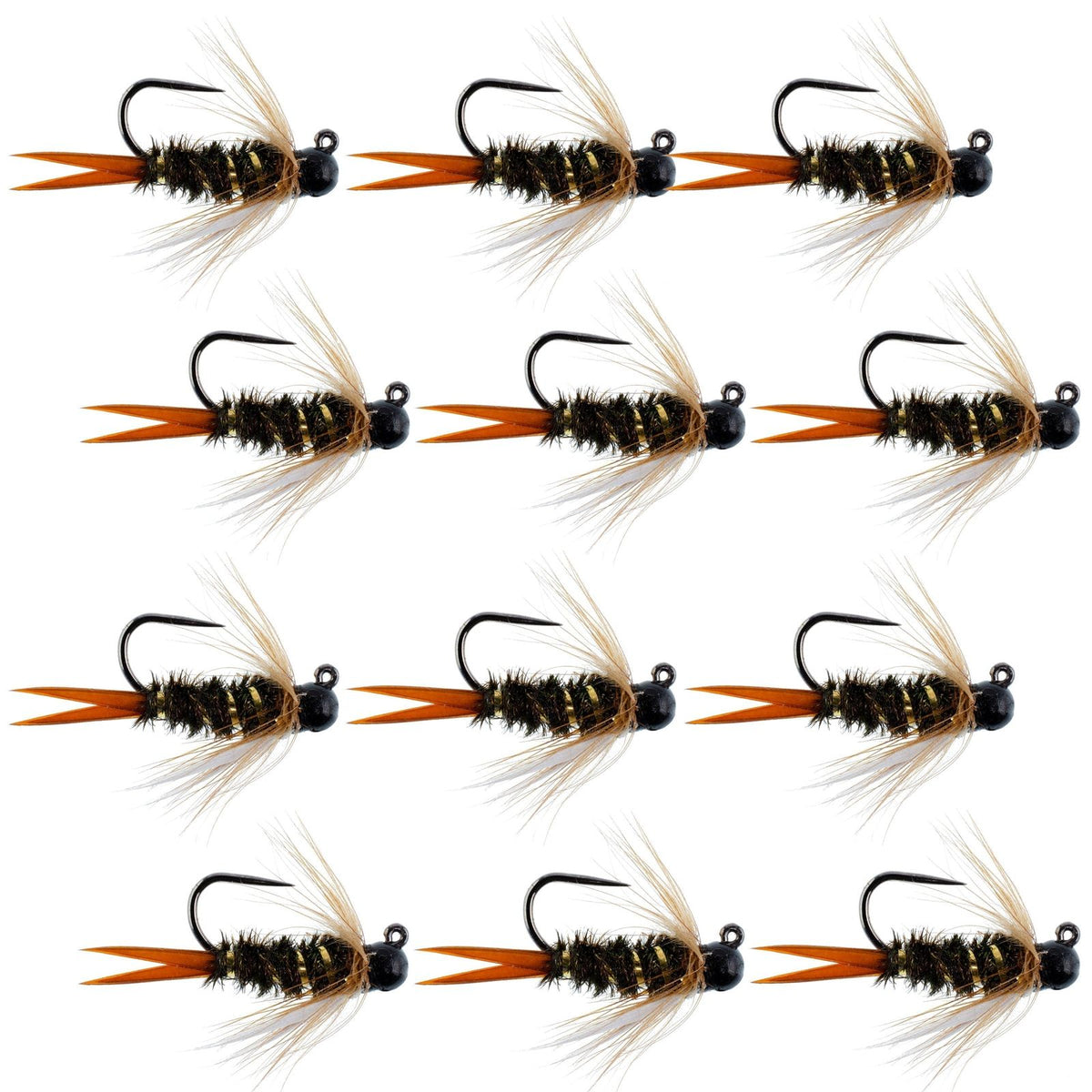 Set of 12 black tungsten bead prince nymph trout wet flies for Euro nymphing, size 10, by The Fly Fishing Place.