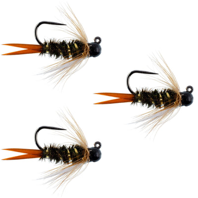 Set of 3 black tungsten bead prince jigs for euro nymphing, trout wet flies with hook size 16, ideal for fly fishing.