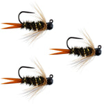 Three black tungsten bead prince nymph trout wet flies with hooks size 14 for euro nymphing and tactical fly fishing.