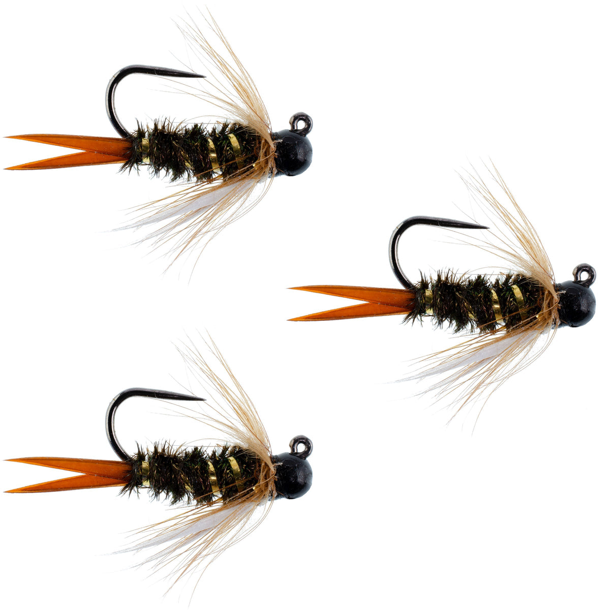 Three black tungsten bead prince nymph trout wet flies with hooks size 14 for euro nymphing and tactical fly fishing.