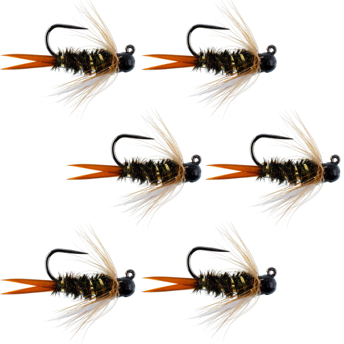 Set of 6 Black Tungsten Bead Prince Nymph wet flies for trout fishing, size 14, crafted for Euro nymphing by The Fly Fishing Place.