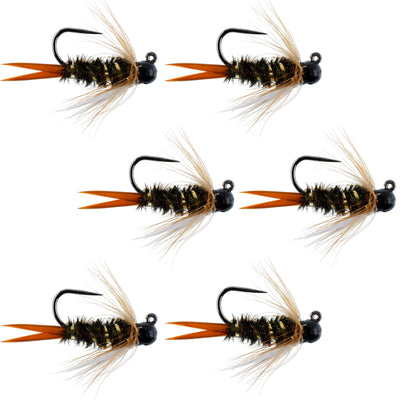 Set of 6 Black Tungsten Bead Prince Nymph wet flies for trout fishing, size 14, crafted for Euro nymphing by The Fly Fishing Place.