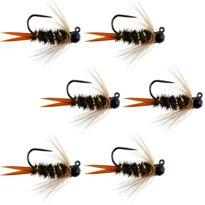 Set of six black tungsten bead prince nymph trout wet flies for fly fishing, size 10, designed for Euro nymphing.