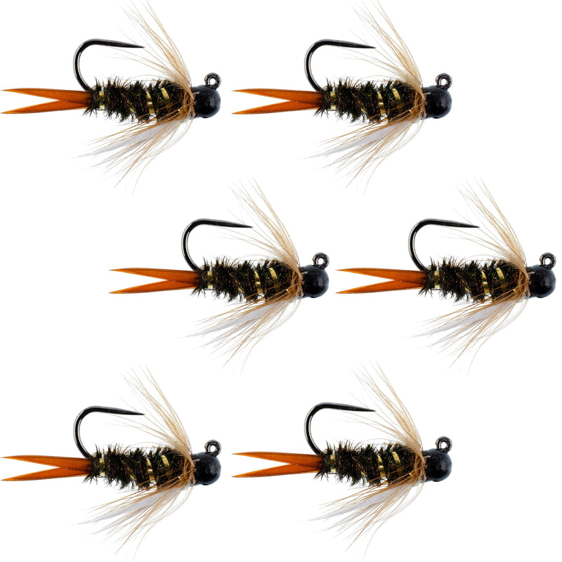 Set of six black tungsten bead prince nymph trout wet flies for fly fishing, size 10, designed for Euro nymphing.