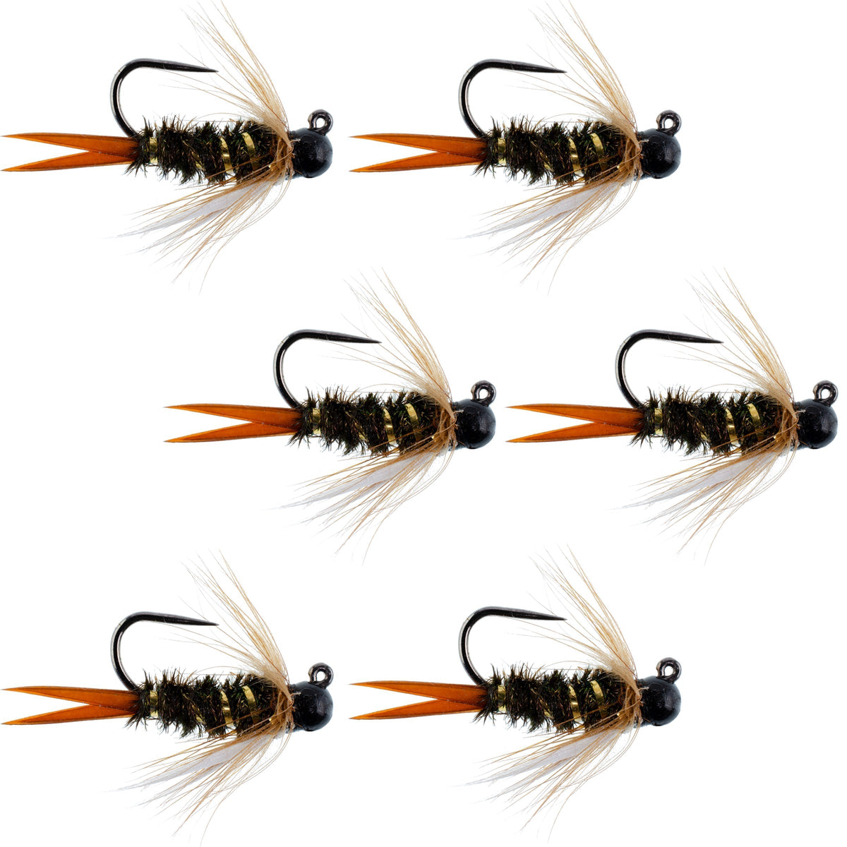 Set of six black tungsten bead prince nymph trout wet flies for euro nymphing fishing by The Fly Fishing Place.