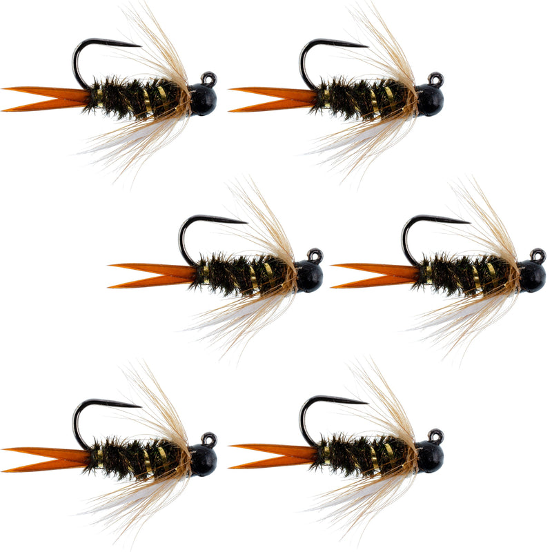 Set of 6 black tungsten bead prince nymph wet flies for trout fishing, size 12, by The Fly Fishing Place, ideal for euro nymphing.