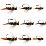 Set of 9 black tungsten bead prince nymph flies for trout fishing, sizes 12, 14, 16, tactical Czech and euro nymphing fly collection.