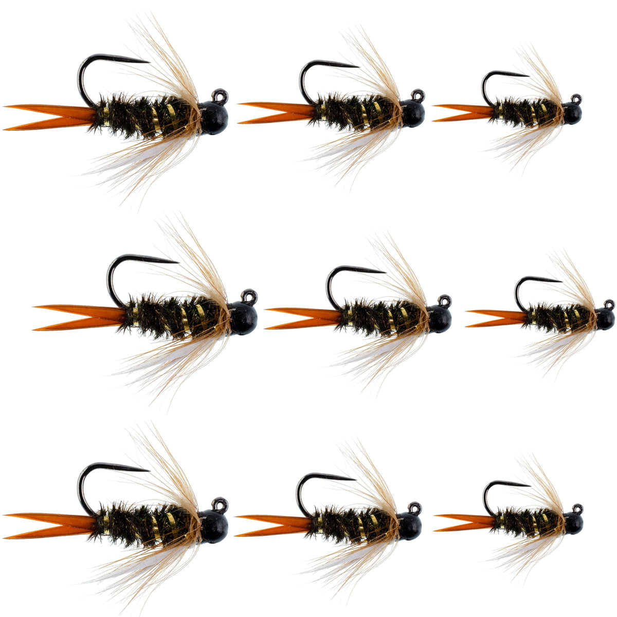 Set of 9 black tungsten bead prince nymph flies for trout fishing, sizes 12, 14, 16, tactical Czech and euro nymphing fly collection.