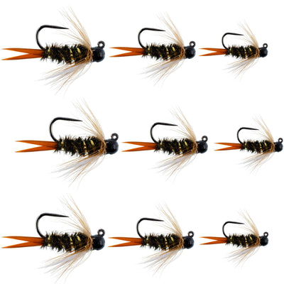 Set of 9 black tungsten bead prince nymph flies for trout fishing, sizes 12, 14, 16, tactical Czech and euro nymphing fly collection.