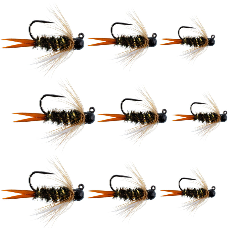 Set of 9 black tungsten bead prince nymph flies for trout fishing, sizes 12, 14, 16, tactical Czech and euro nymphing fly collection.