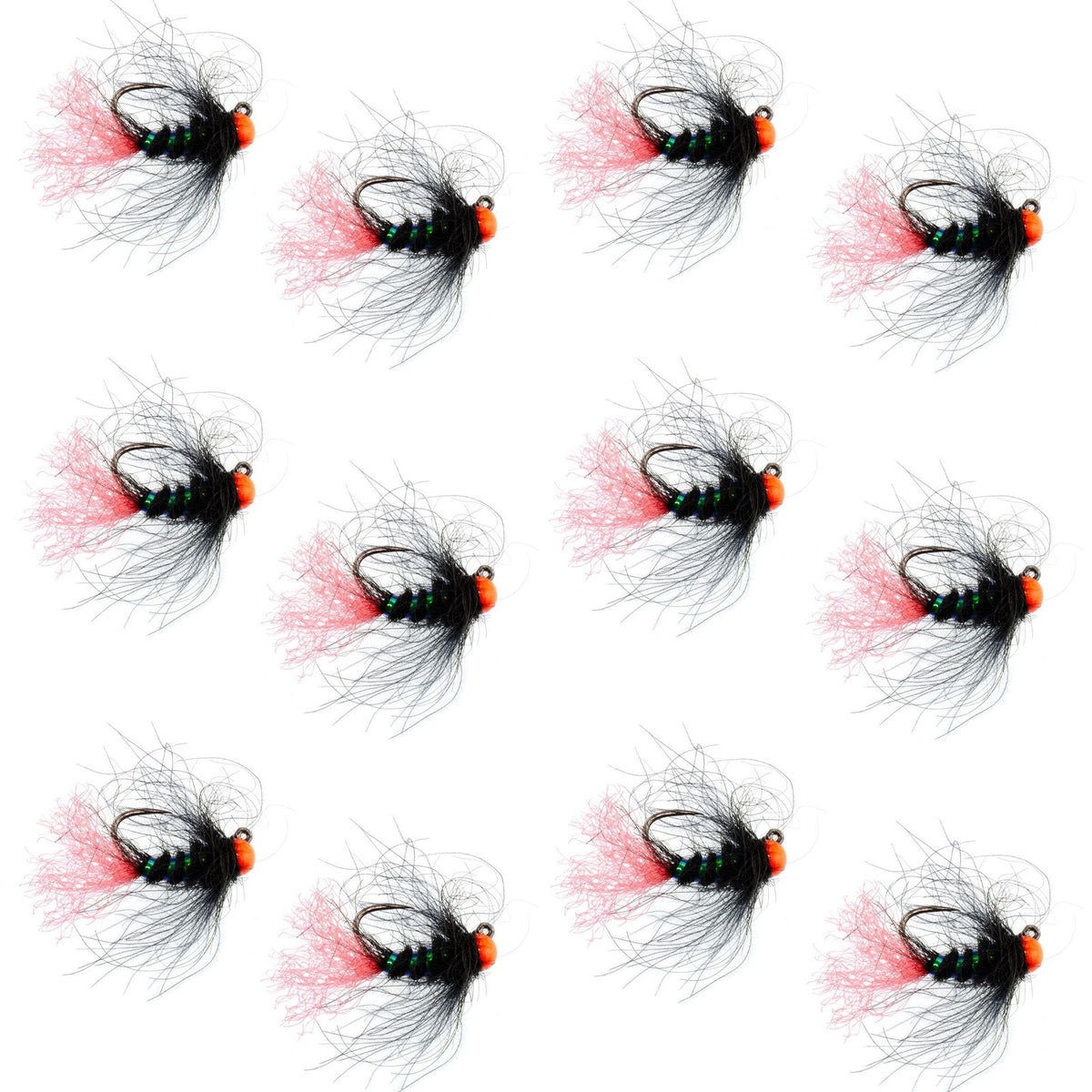 Set of 12 tungsten hot bead jig Czech nymphing flies, size 16, for trout wet fly fishing by The Fly Fishing Place.