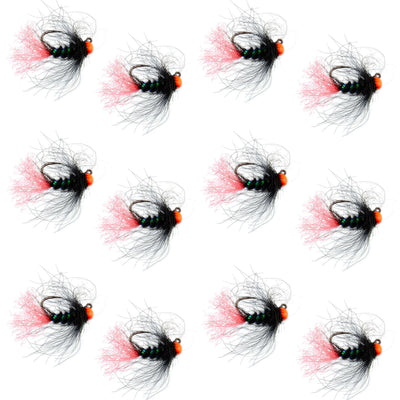 Set of 12 tungsten hot bead jig Czech nymphing flies, size 16, for trout wet fly fishing by The Fly Fishing Place.