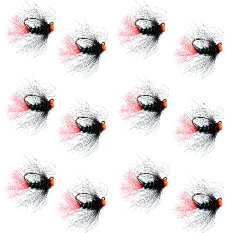 Set of 12 tungsten hot bead jig Czech nymphing flies, size 16, for trout wet fly fishing by The Fly Fishing Place.