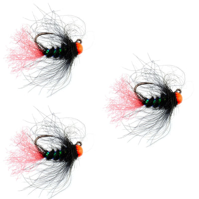 Three tungsten hot bead jigs for euro nymphing, featuring Czech nymph hooks size 14, designed for trout wet fly fishing.