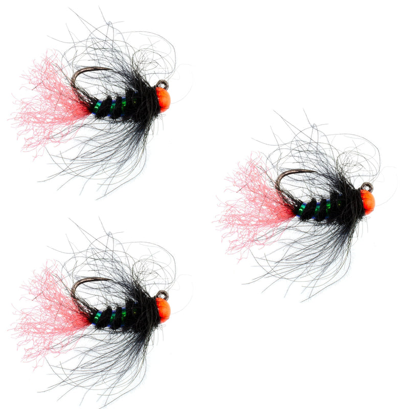 Set of three tungsten hot bead jigs for Czech nymphing, designed for trout wet flies, with hook size 12, by The Fly Fishing Place.