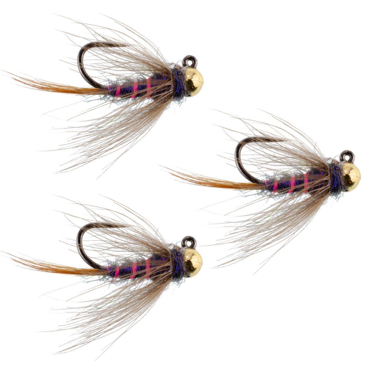 Set of three tungsten bead Duracell jig Czech nymph flies for trout fishing, size 16, by The Fly Fishing Place.
