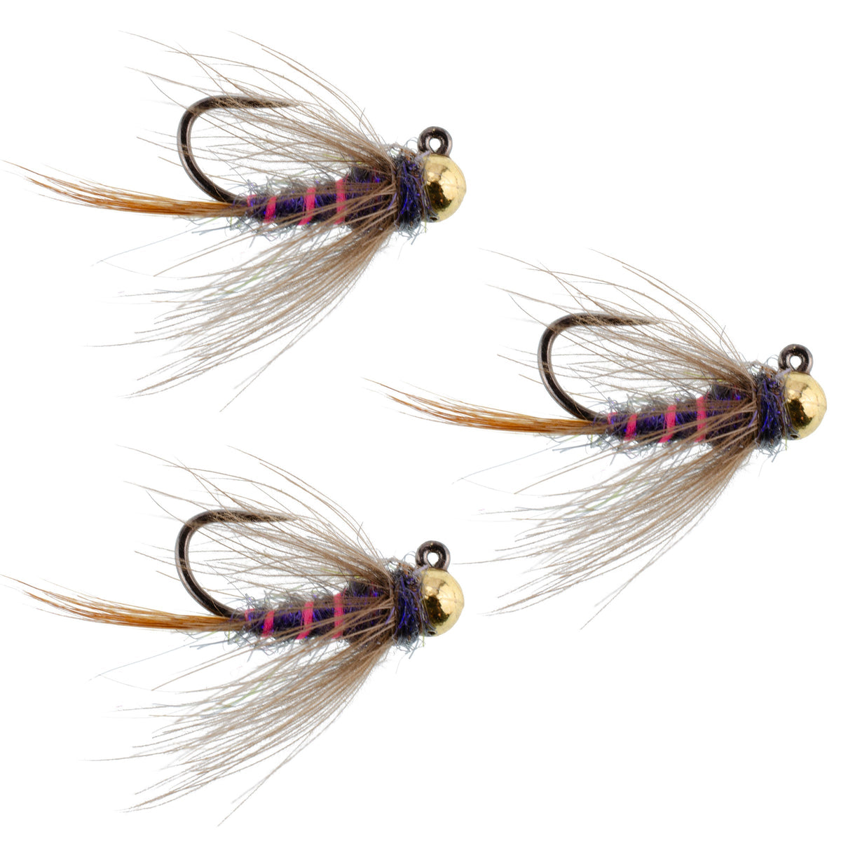 Three Duracell Tungsten Bead Czech Nymph Euro Nymphing Trout Wet Flies, size 12, by The Fly Fishing Place, with jigged hot rib design.