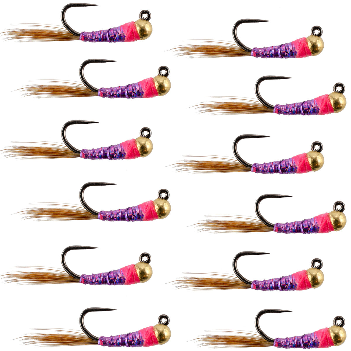 Set of 12 Tungsten Hot Spot Purple Perdigon Nymph Flies for trout fishing, size 18, by The Fly Fishing Place.
