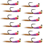 Set of 12 Tungsten Hot Spot Purple Perdigon Trout Wet Flies size 14, tactical nymph fly for fly fishing.