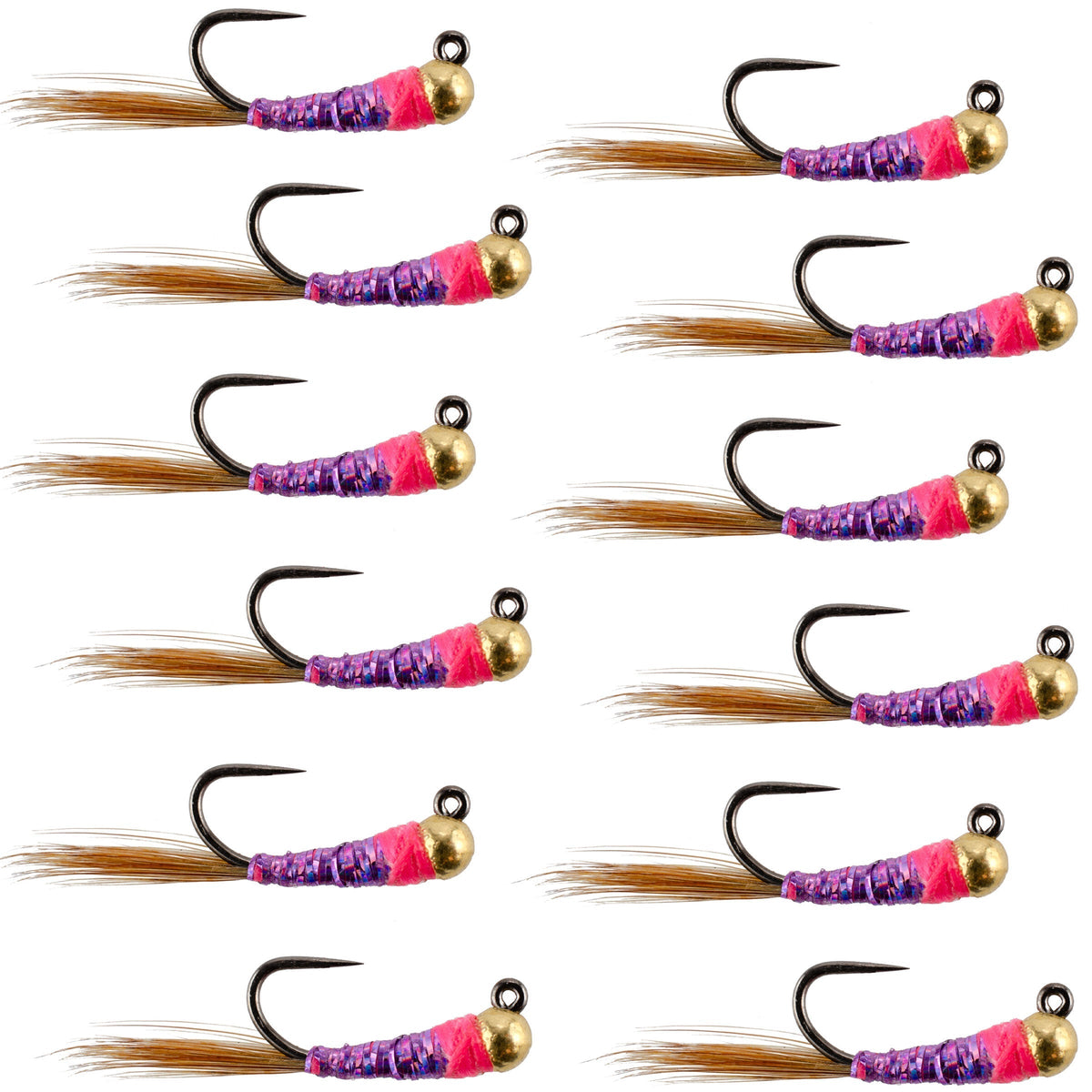 Set of 12 Tungsten Hot Spot Purple Perdigon Trout Wet Flies size 14, tactical nymph fly for fly fishing.