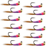 Set of 12 purple tungsten hot spot Perdigon trout wet nymph flies, size 16, designed for fly fishing.
