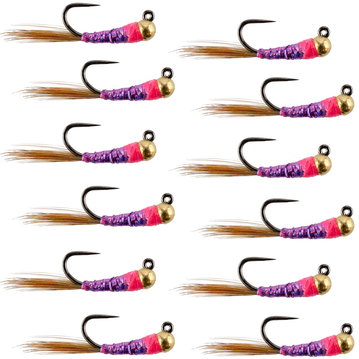 Set of 12 purple tungsten hot spot Perdigon trout wet nymph flies, size 16, designed for fly fishing.