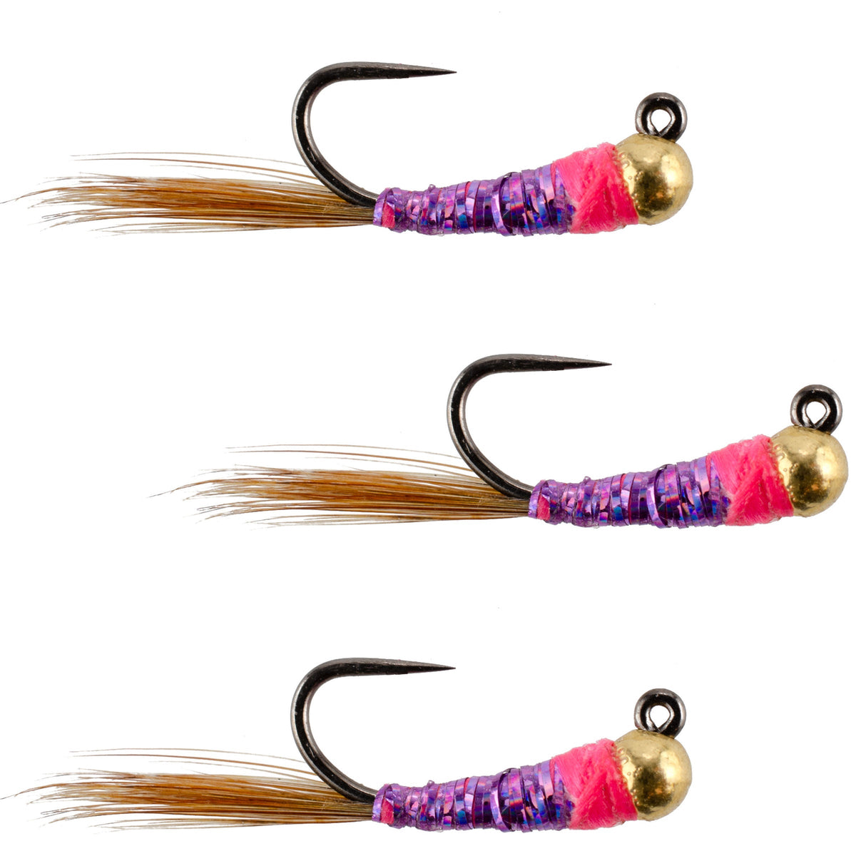 Set of three tungsten hot spot purple Perdigon Euro nymph wet flies for trout fishing, size 16, by The Fly Fishing Place.