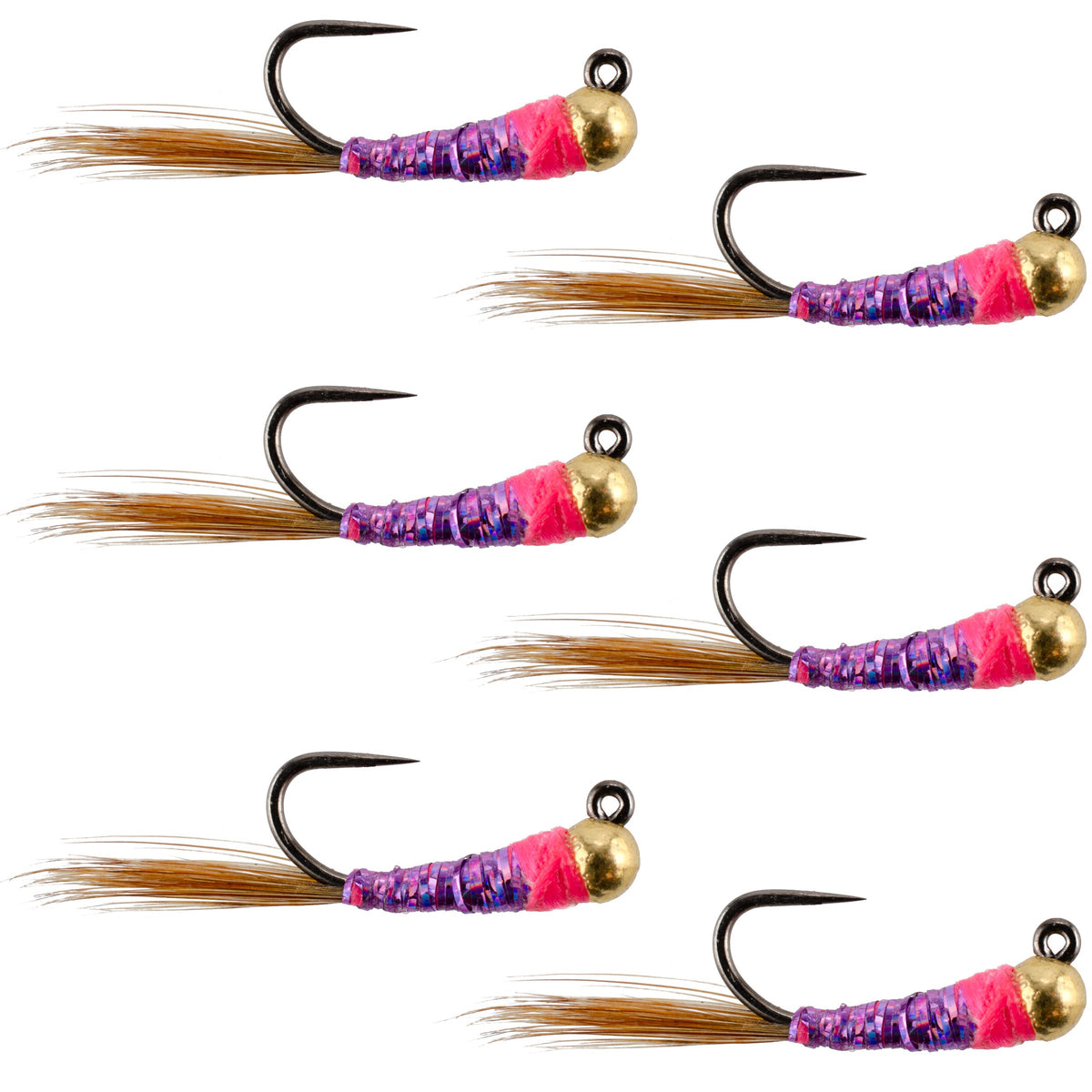 Set of six tungsten hot spot purple Perdigon nymph flies for trout fishing, size 16, by The Fly Fishing Place.