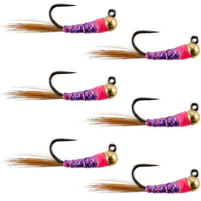 Set of six tungsten hot spot purple Perdigon nymph flies for trout fishing, size 16, by The Fly Fishing Place.