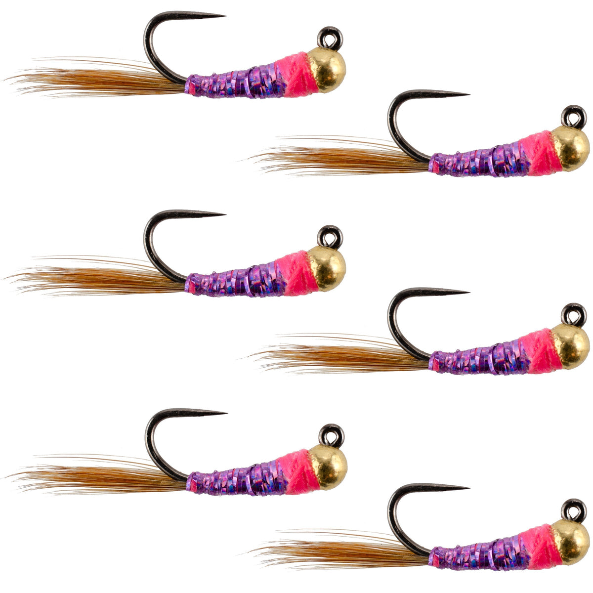 Set of six Tungsten Hot Spot Purple Perdigon Euro Nymph Trout Wet Flies in size 18, designed for fly fishing.