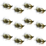 Set of 12 olive tungsten bead tactical mini bugger euro nymph trout wet flies, size 8, designed for fly fishing.