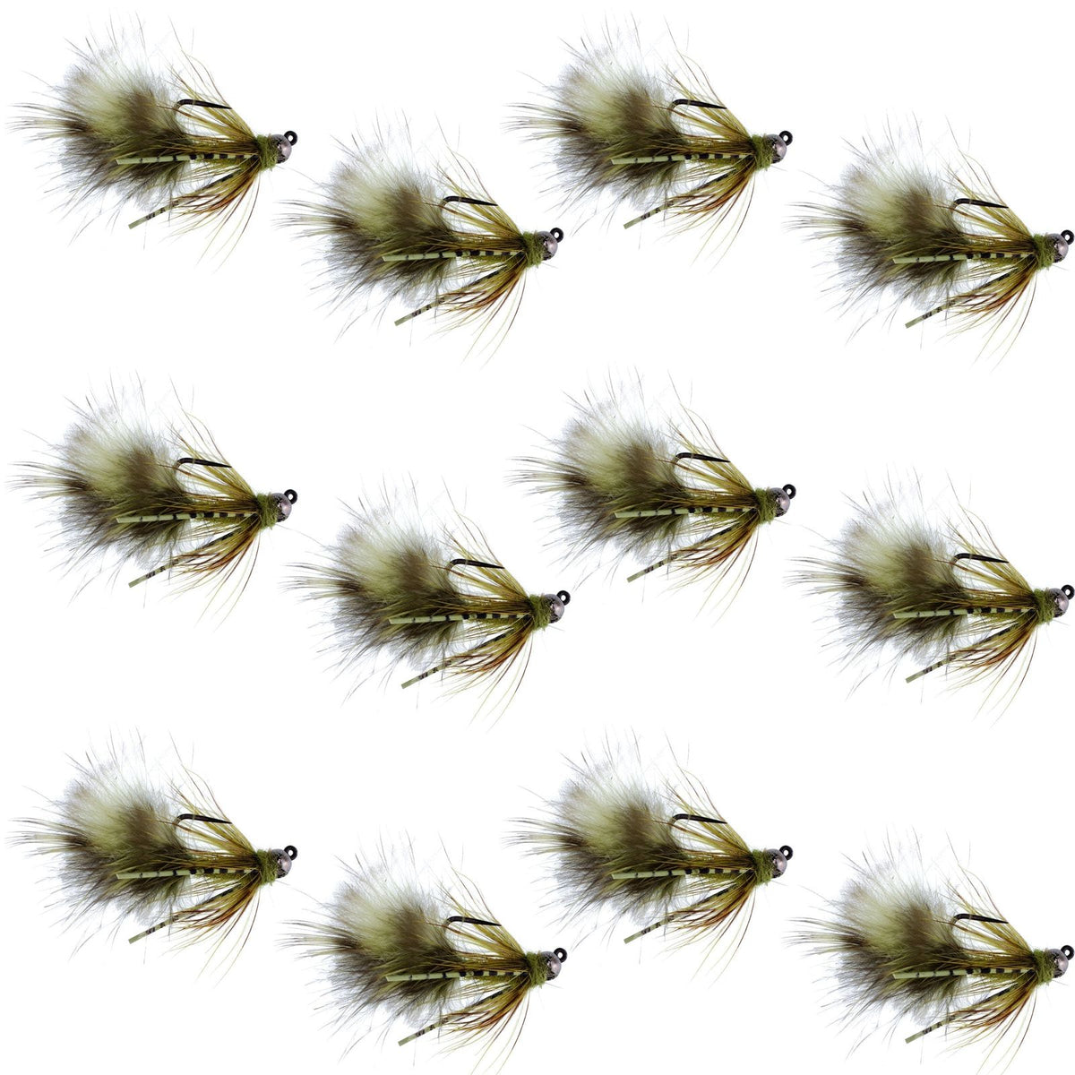 Set of 12 olive tungsten bead tactical mini bugger euro nymph trout wet flies, size 8, designed for fly fishing.