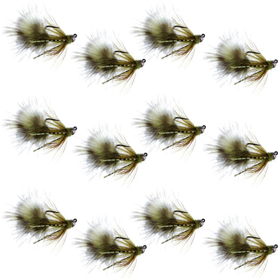 Set of 12 olive tungsten bead tactical mini bugger euro nymph trout wet flies, size 8, designed for fly fishing.