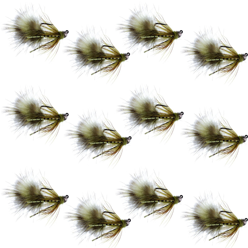 Set of 12 olive tungsten bead tactical mini bugger euro nymph trout wet flies, size 8, designed for fly fishing.