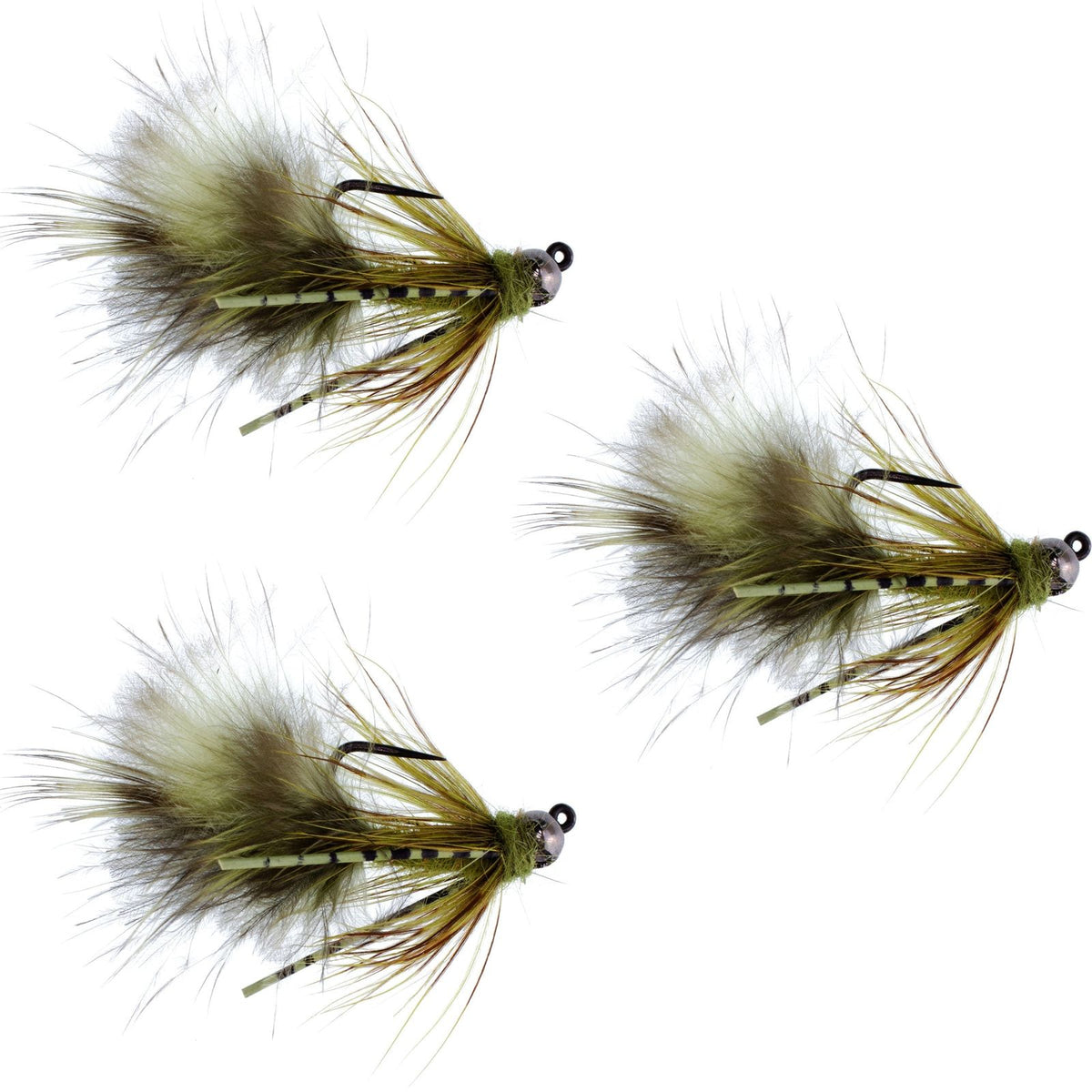 Set of three olive tungsten bead tactical mini bugger euro nymphing trout wet flies, size 12, by The Fly Fishing Place.