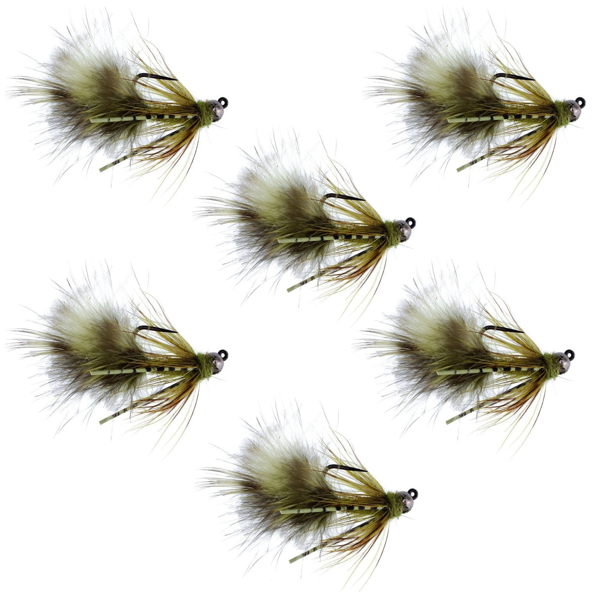 Set of six tungsten bead tactical olive mini bugger euro nymphing flies for trout fishing, size 8, by The Fly Fishing Place.