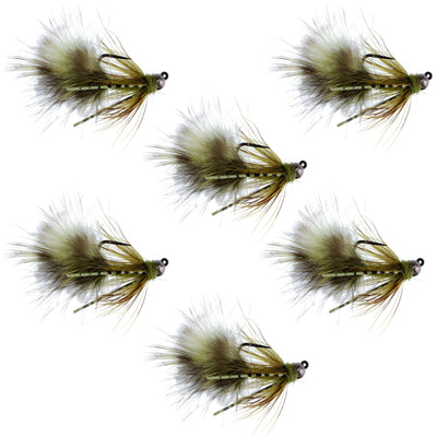 Set of six tungsten bead tactical olive mini bugger euro nymphing flies for trout fishing, size 8, by The Fly Fishing Place.