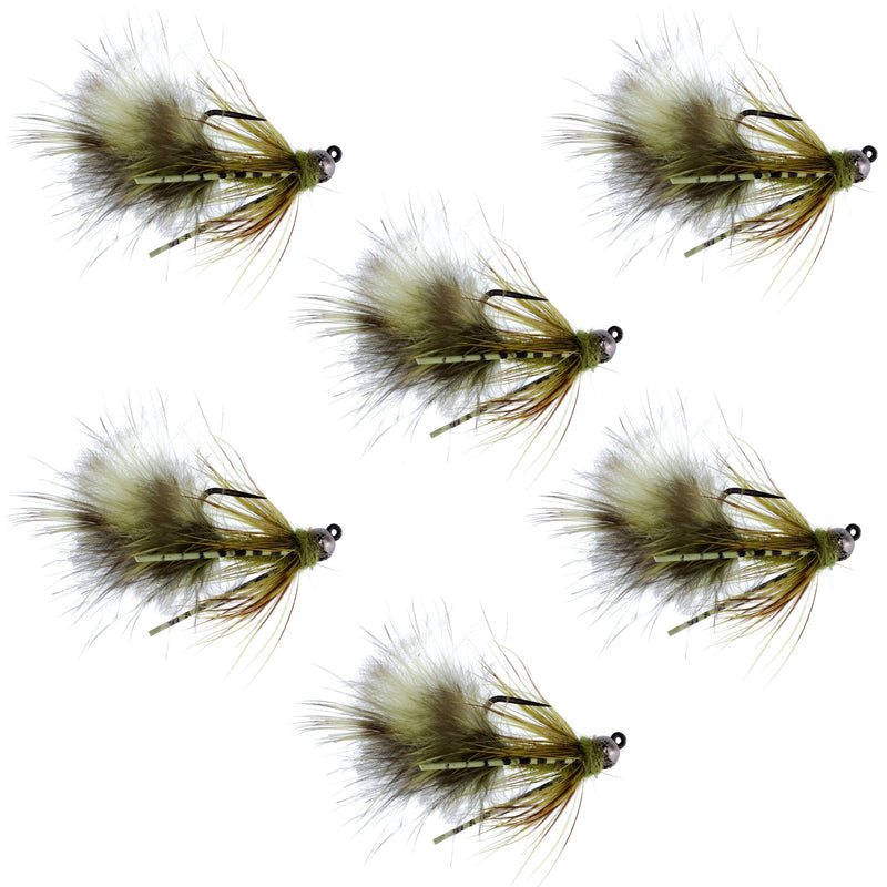 Set of six tungsten bead tactical olive mini bugger euro nymphing flies for trout fishing, size 8, by The Fly Fishing Place.