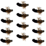 Set of 12 black tungsten bead Euro nymph trout wet flies in size 14 for fly fishing, featuring barbless tactical mop jig flies.