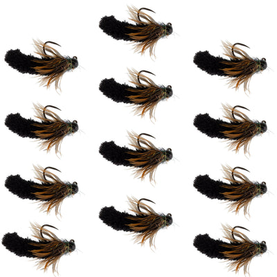 Set of 12 black tungsten bead Euro nymph trout wet flies in size 14 for fly fishing, featuring barbless tactical mop jig flies.