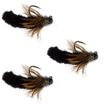 Three black tungsten bead mop fly fishing jigs, size 14, used as trout wet flies for tactical Czech and Euro nymph fishing.
