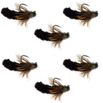 Set of six black tungsten bead mop jig flies for trout fishing, size 14, featuring barbless Czech Euro nymph style.